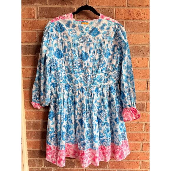 Simply Southern Floral Blue Pink Baby Doll Long Sleeve Dress Size Large - Picture 2 of 3